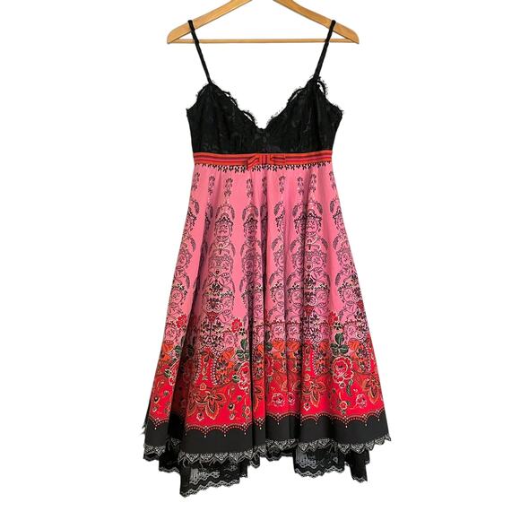 Vintage Anna Sui Archival Party Dress Black Lace Sparkling Print Pink Skirt - Picture 2 of 13
